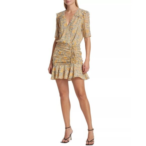 Veronica Beard 'Dakota' Paisley-Print Ruched Silk Mini-Dress, Blue/Yellow Multi - Picture 1 of 5